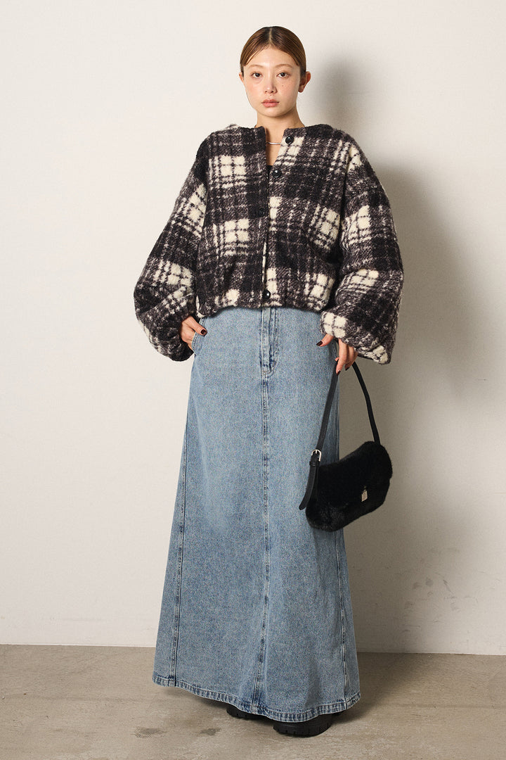 [SET]ノーカラーチェック柄ボアブルゾン+デニムロングフレアスカート(2set)