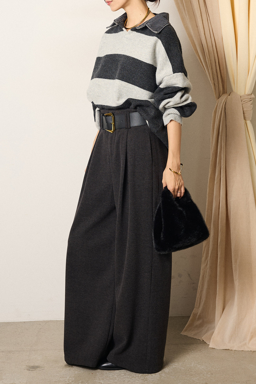 [SET]デニムカラーボーダールーズニット+ゴールドバックル太ベルト付きワイドパンツ(2set)