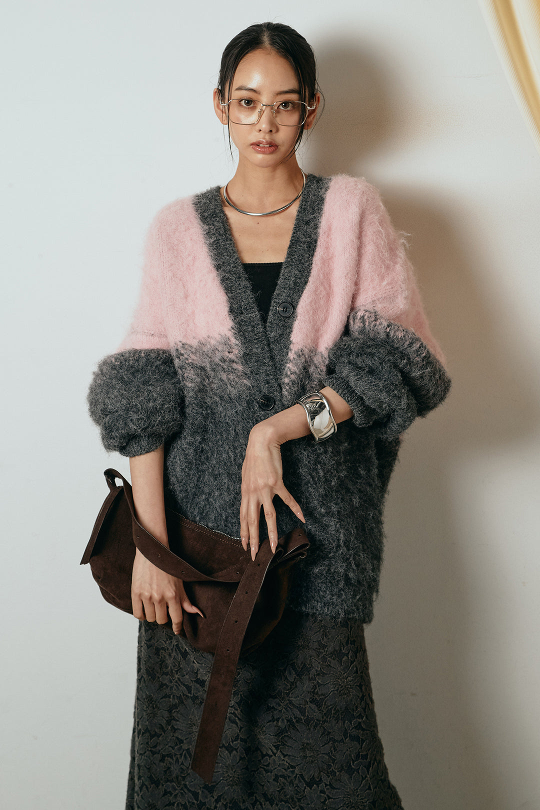 [SET]起毛グラデーションニットカーディガン+花柄刺繍ベロアフレアスカート(2set)