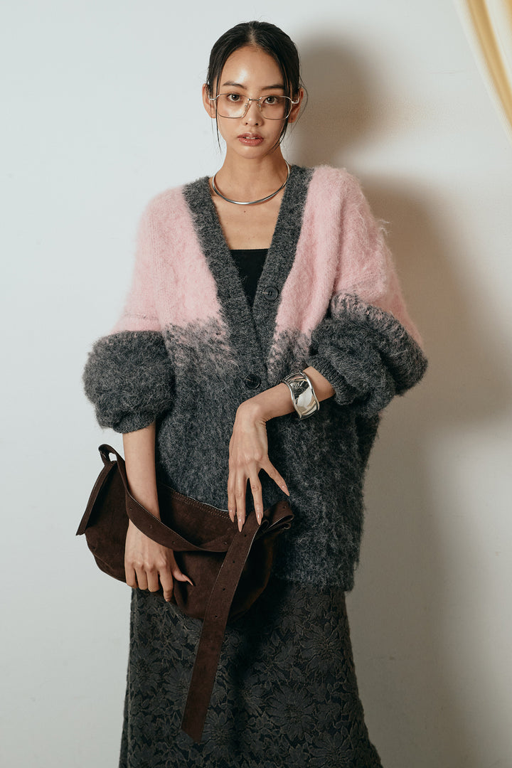 [SET]起毛グラデーションニットカーディガン+花柄刺繍ベロアフレアスカート(2set)