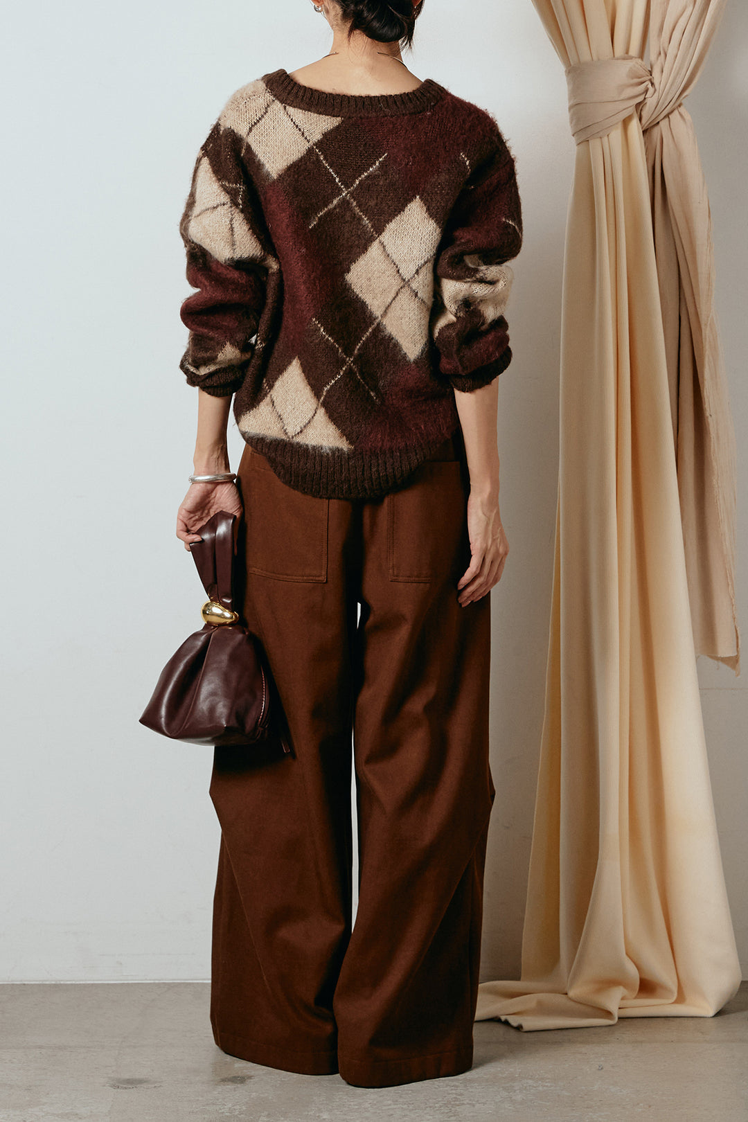[SET]アクリルモヘアアーガイルVネックプルオーバー+太ベルト付きタックデザインワイドパンツ(2set)