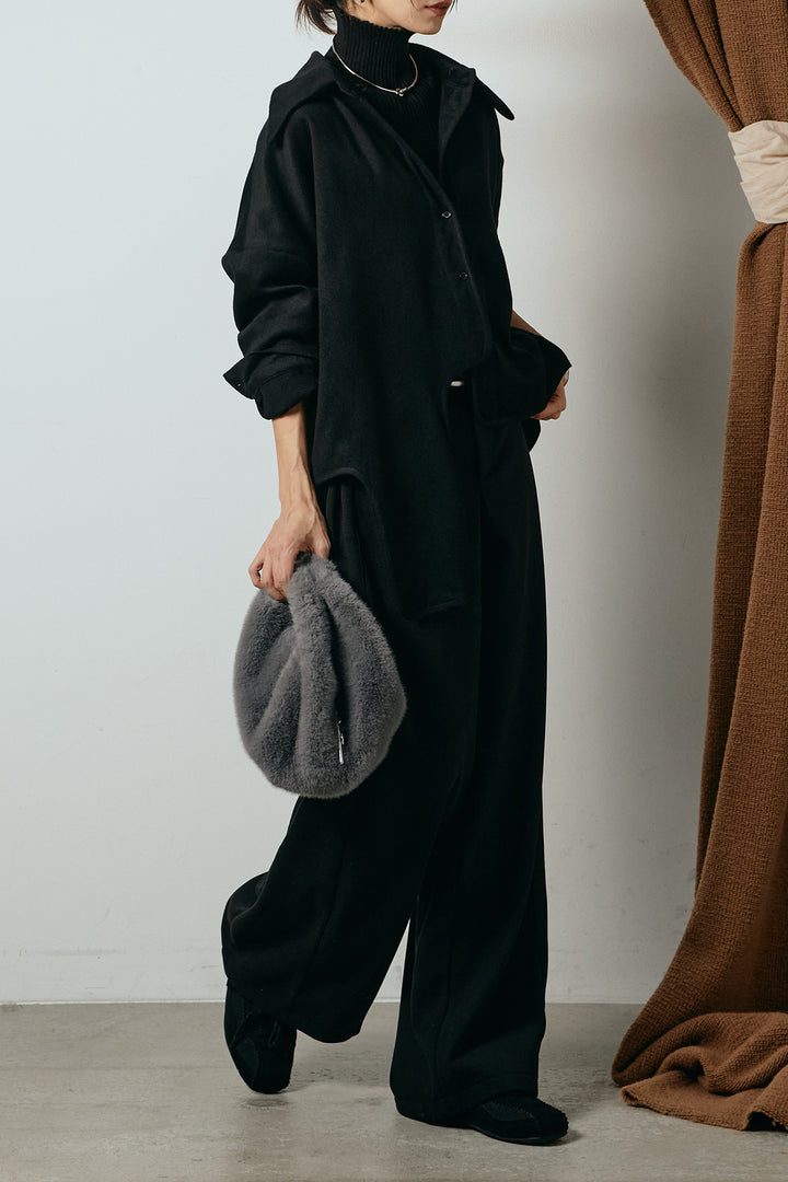 [SET]裾アシンメトリーデザインシャツ+編みベルト付きワイドパンツ+リブニットシームレスタートルプルオーバー(3set)