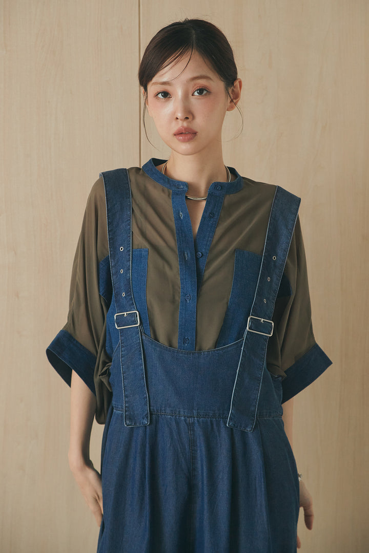 [SET]デニムライクビッグツーポケシアーシャツ+前後2WAYテンセルデニムサロペット(2set)