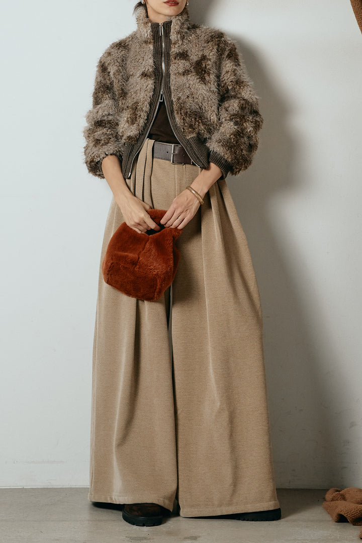 [SET]エコファースタンドカラーニュアンス柄ブルゾン+ベルトループコーデュロイワイドパンツ(2set)