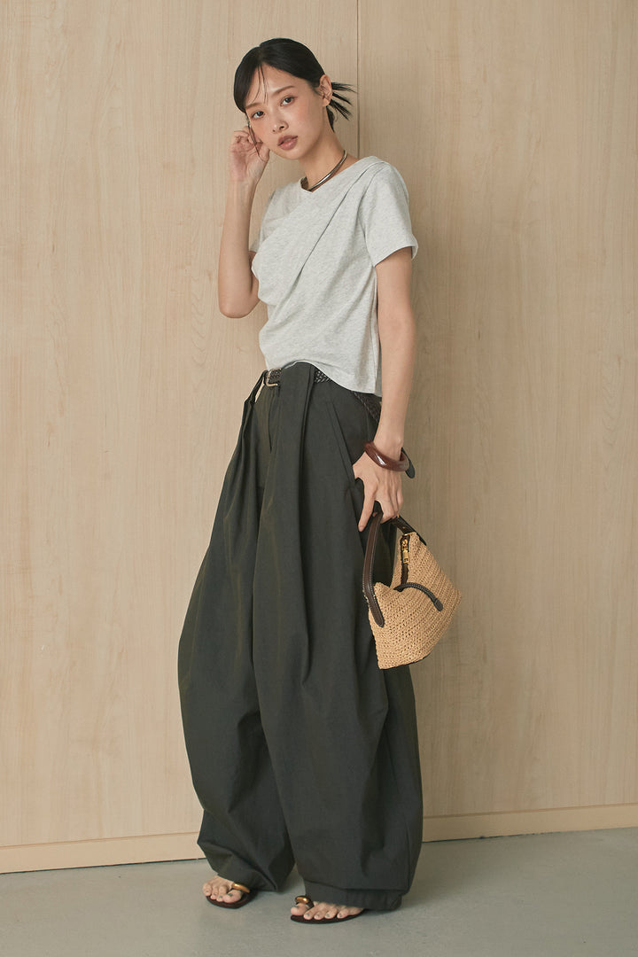 [SET]綿天竺半袖オフショルTシャツ+ニーサイドタックボリュームカーブパンツ(2set)