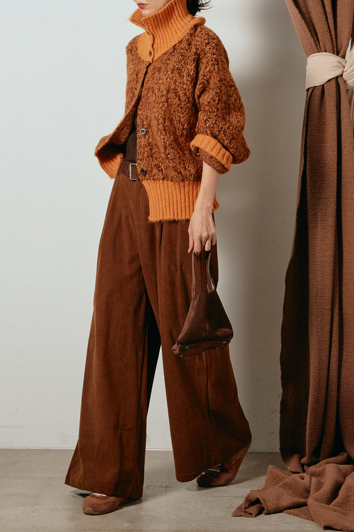 [SET]ハイネックミックスニットトップス+太ベルト付きコーデュロイタックパンツ(2set)