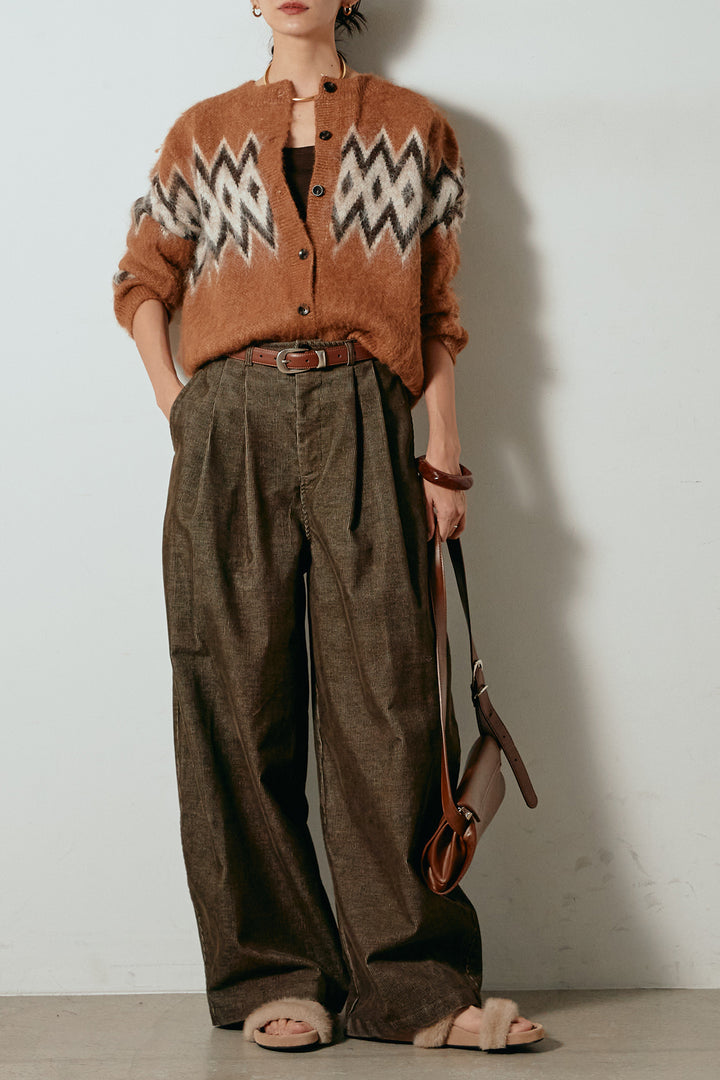 [SET]起毛ノルディック柄ニットカーディガン+フロントタック入りコーデュロイパンツ(2set)