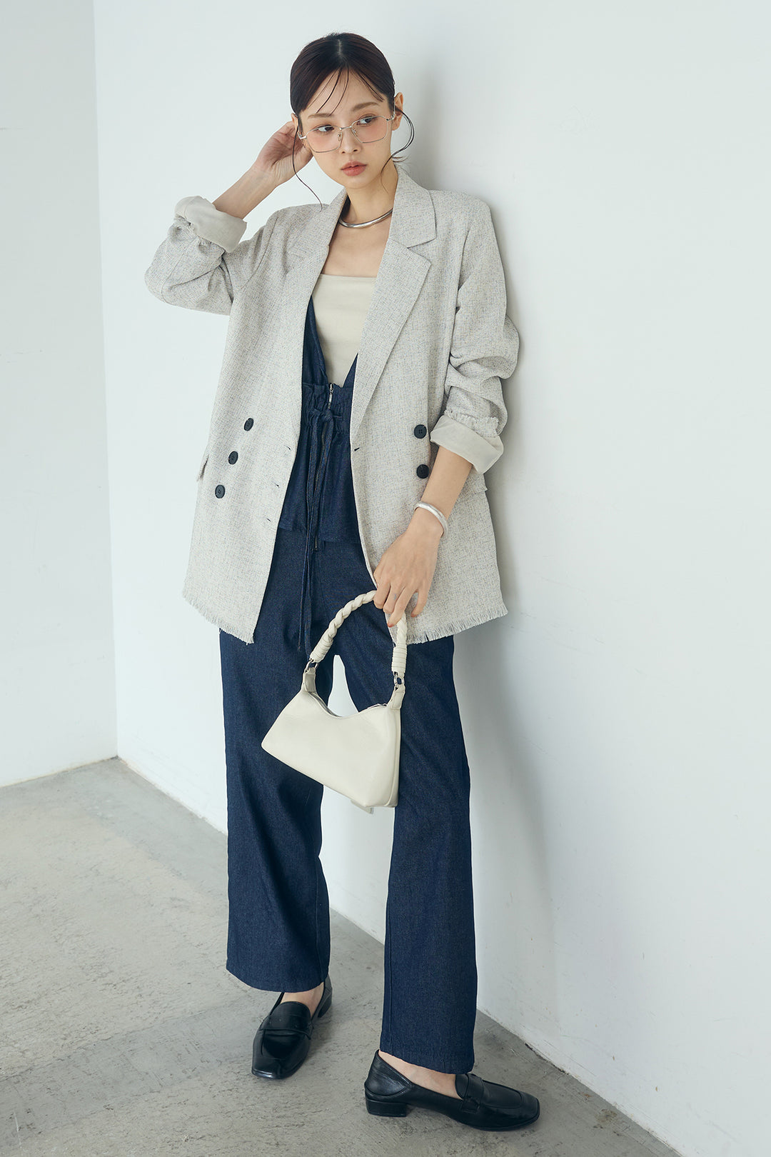 [SET]スラブネップツイードフリンジテーラードジャケット+デニムペプラムコンビネゾン(2set)