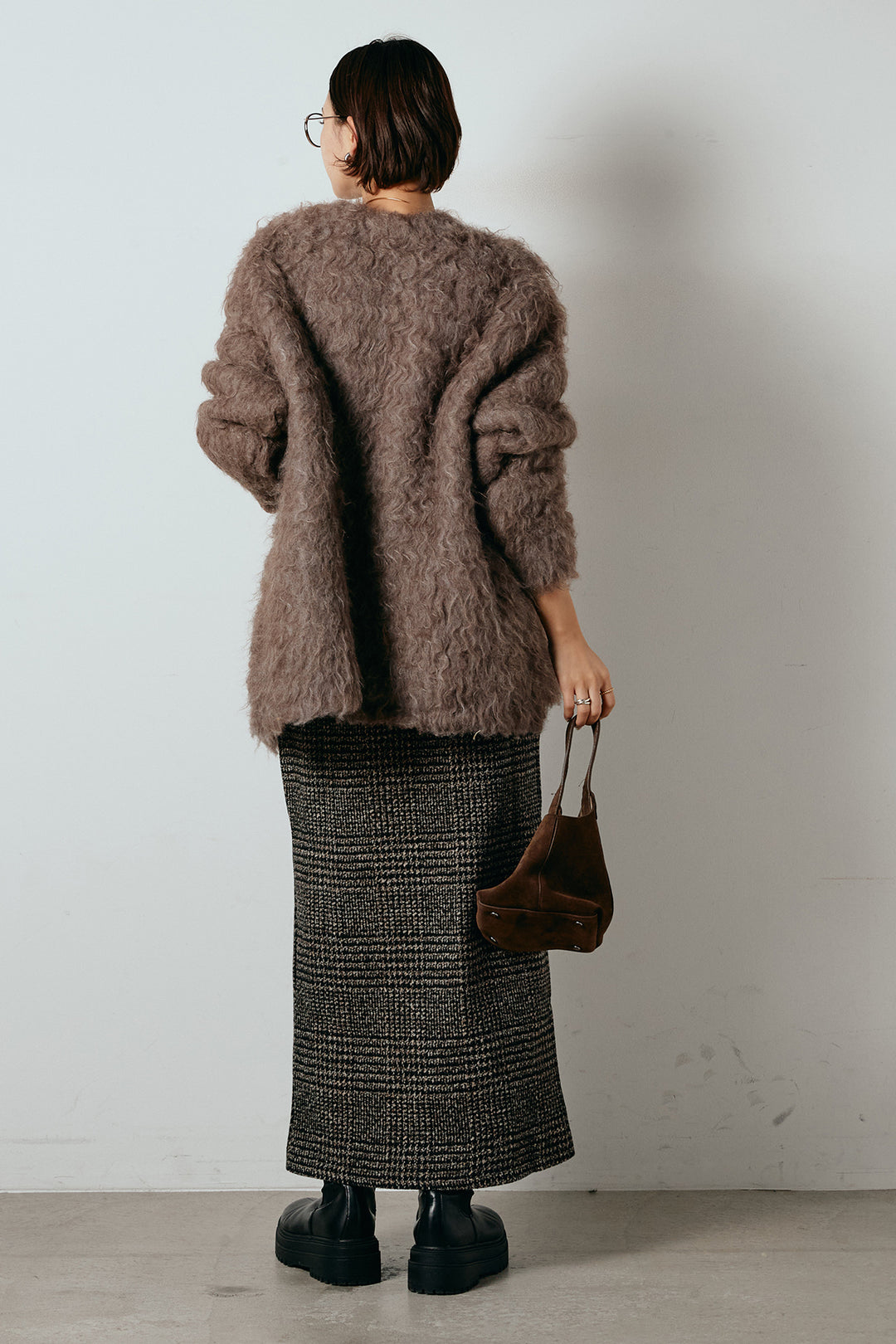 [SET]ウェーブシャギーニットジャケット+グレンチェック柄フロントジップタイトスカート(2set)