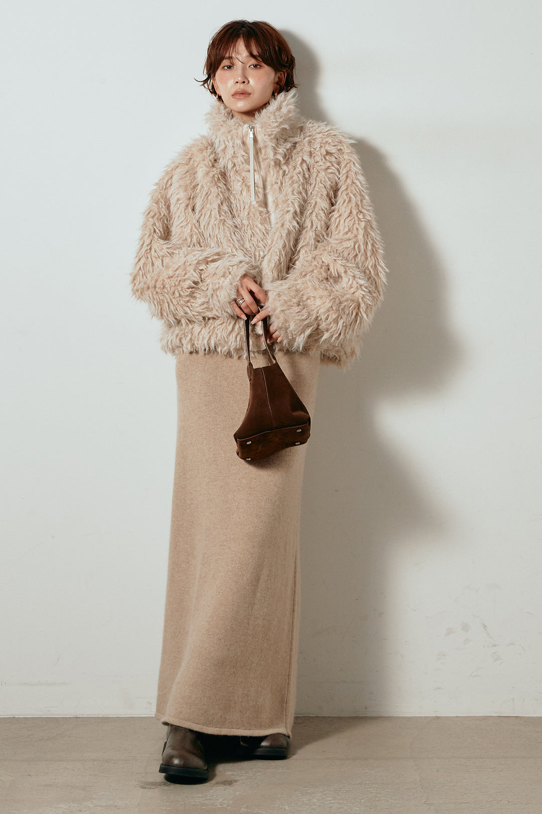 [SET]ミックスシープファースタンドブルゾン+ノースリーブニットロングワンピース(2set)