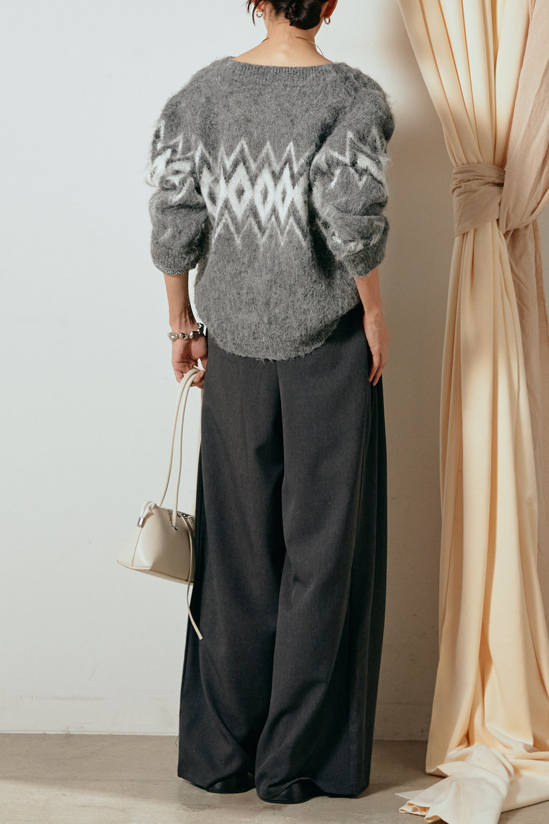 [SET]起毛ノルディック柄ニットカーディガン+ウエストステッチデザインワイドスラックス(2set)