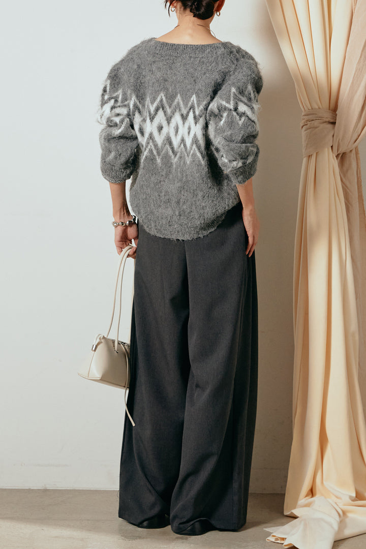 [SET]起毛ノルディック柄ニットカーディガン+ウエストステッチデザインワイドスラックス(2set)