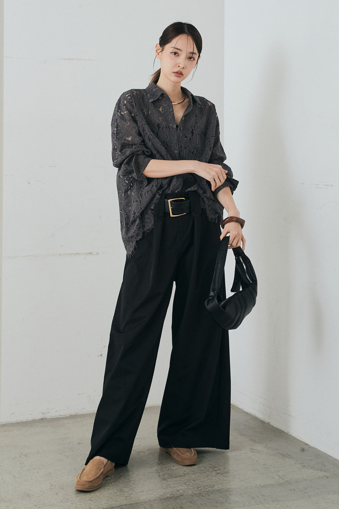 [SET]レース裾スカラップシャツ+ベルトループデザインハイウエストタックパンツ(2set)