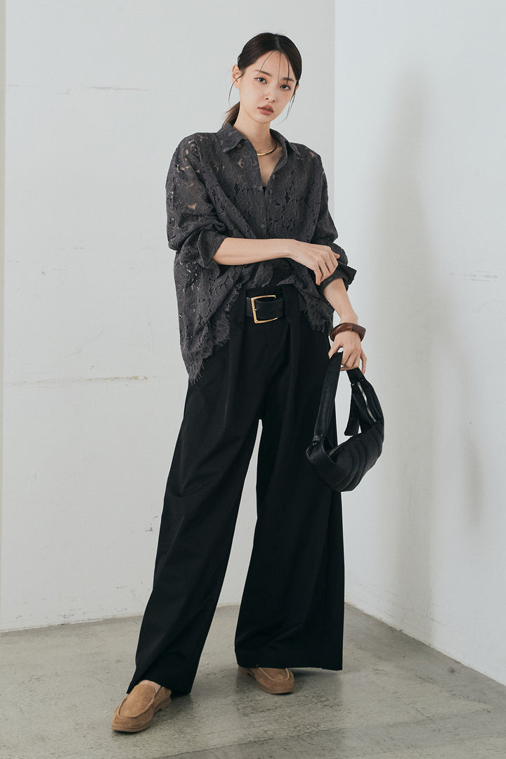 [SET]レース裾スカラップシャツ+ベルトループデザインハイウエストタックパンツ(2set)