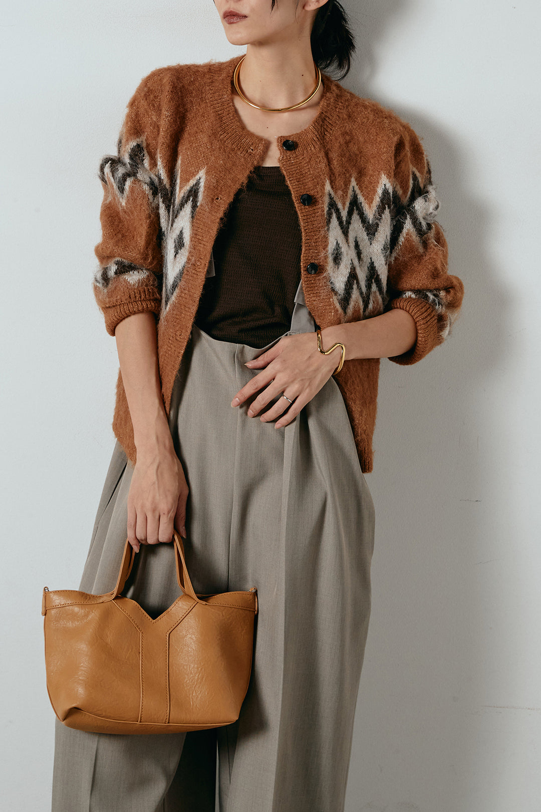 [SET]起毛ノルディック柄ニットカーディガン+ワイドツイルサロペット(2set)