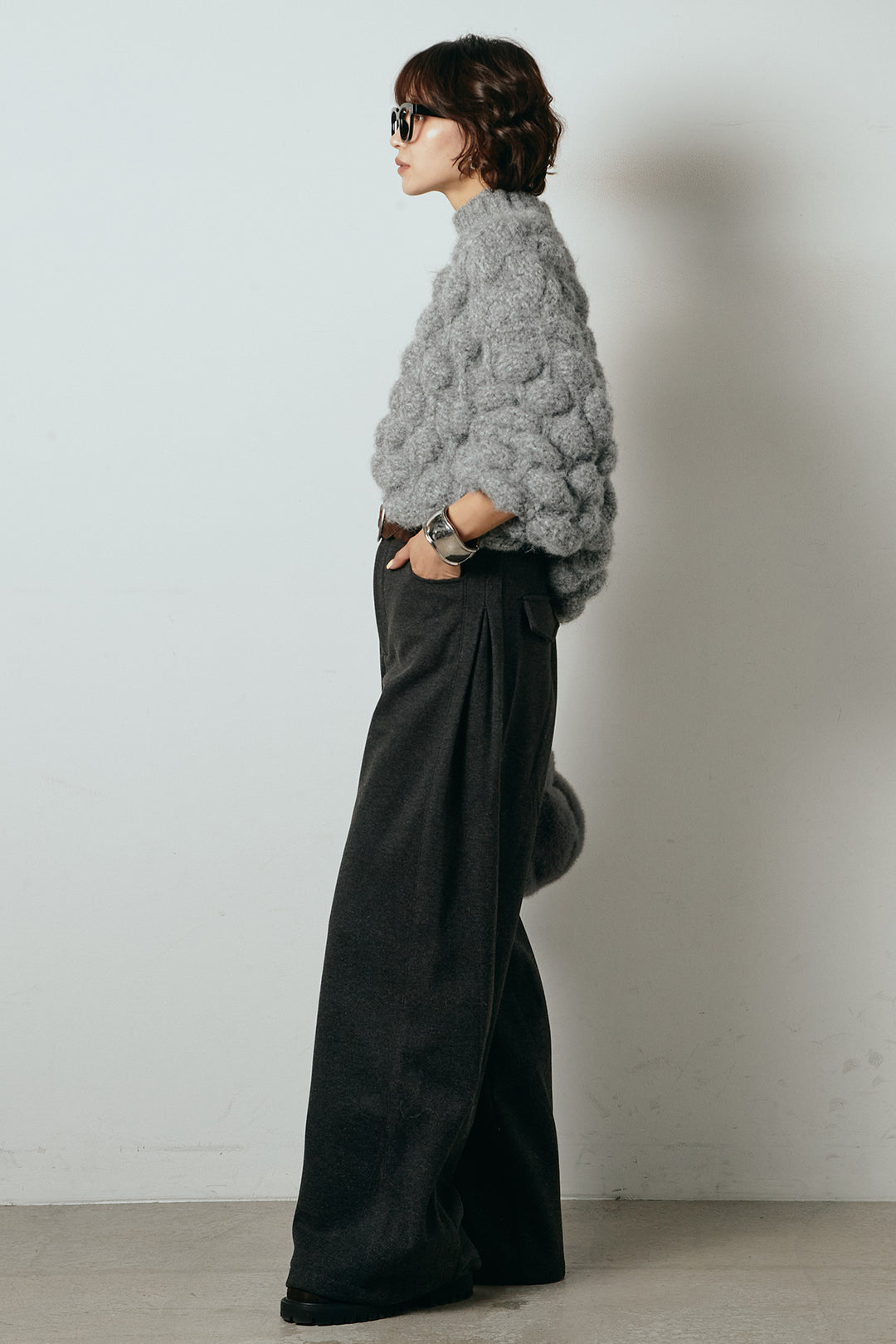 [SET]ボリュームポップコーンニットトップス+編みベルト付きワイドパンツ(2set)