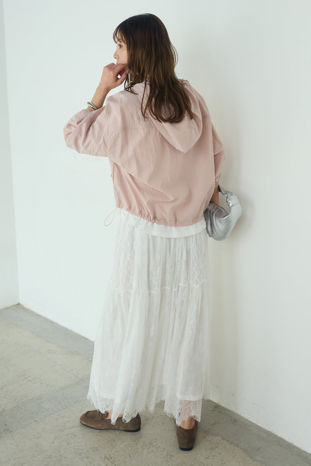 [SET]レイヤードデザインフーディートップス+ひげレース切替ロング丈スカート(2set)