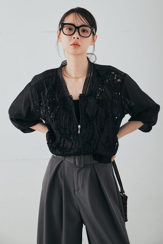 【着回しセット】[SET]ミックスメッシュキーネックプルオーバー+モチーフ付きシアーブルゾン+ベルト付きツータックワイドパンツ(3set)