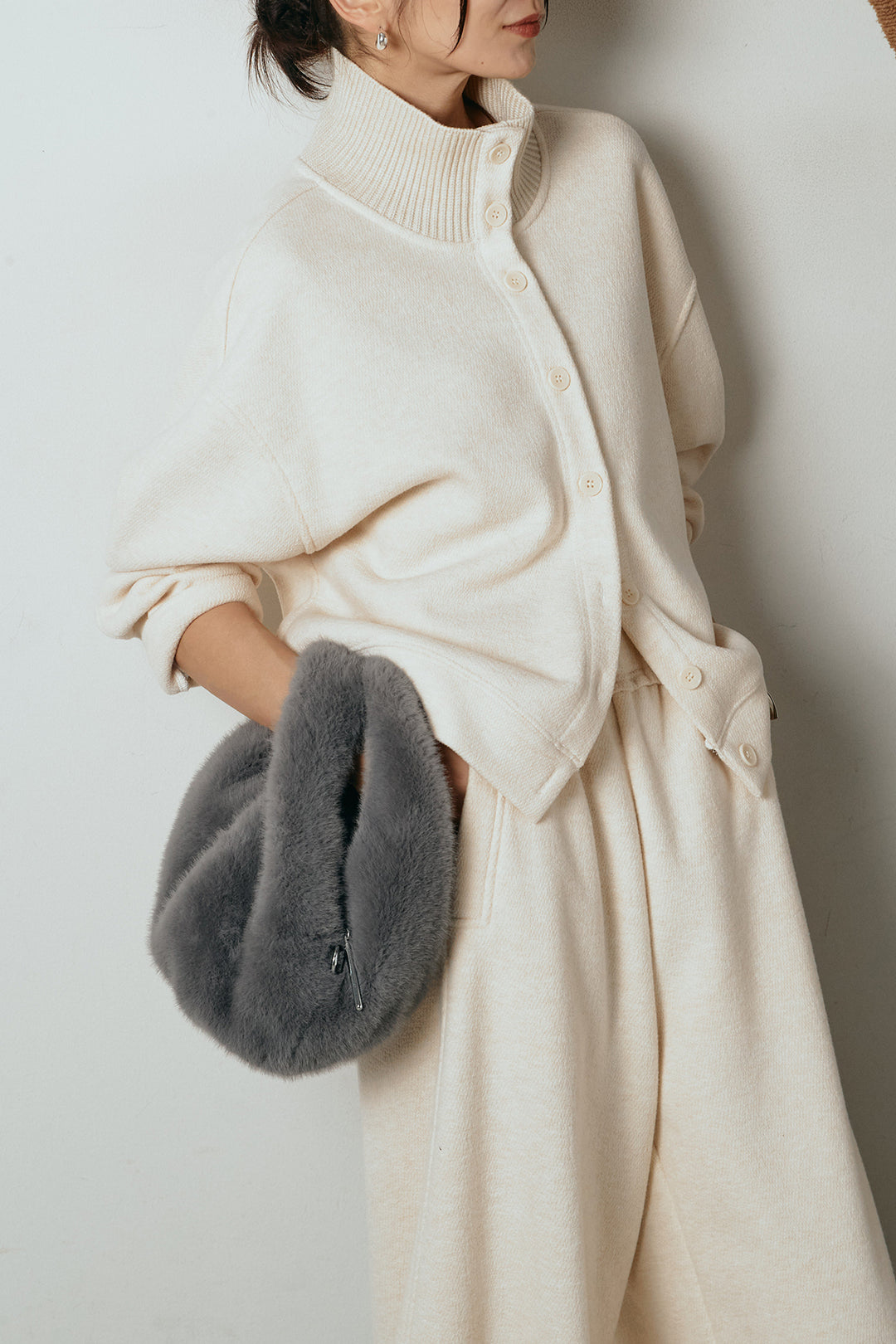 [SET]リブスタンドネックボタントップスSETUP