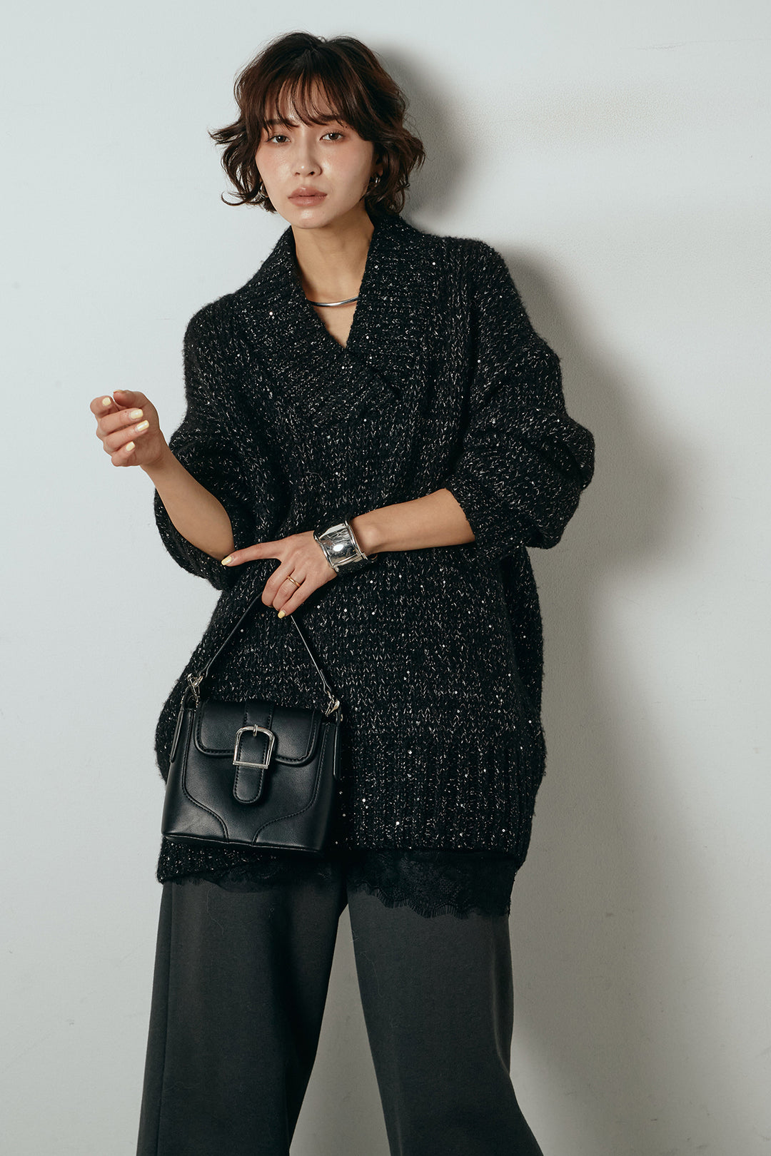 [SET]Vネックラメニットトップス+裏起毛スウェットワイドパンツ+レース切り替えキャミソール(3set)