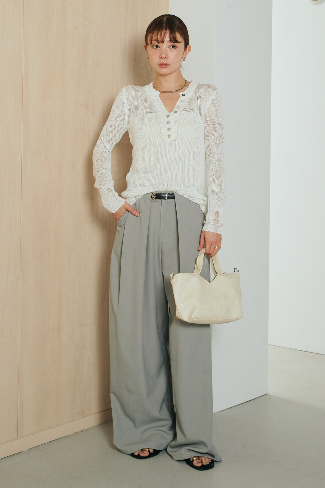 [SET]ヘンリーネックダメージニットプルオーバー+ビックベルトループタックベルト付きワイドパンツ(2set)
