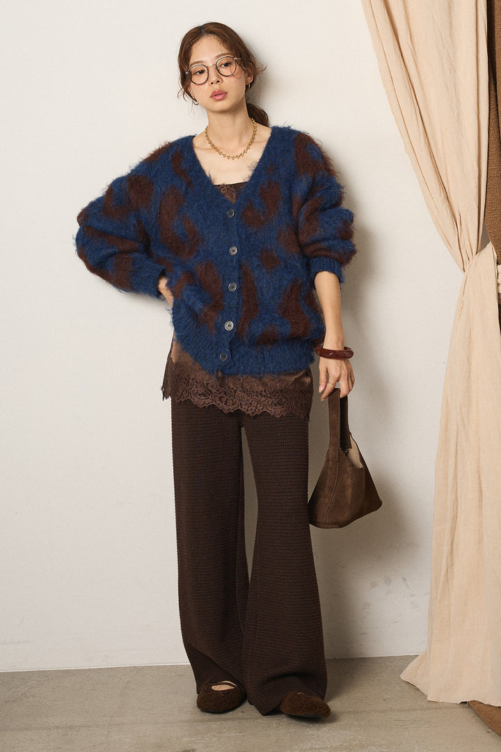 [SET]レオパードシャギータッチカーディガン+レースサテンキャミソール+ワイドリブニットイージーパンツ(3set)