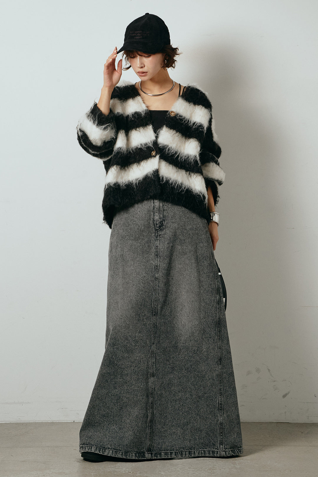 [SET]シャギーボーダー柄ニットカーディガン+デニムロングフレアスカート(2set)