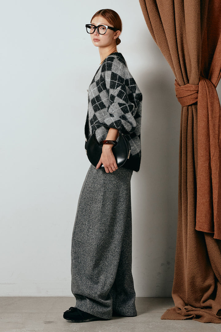 [SET]オーバーサイズ総柄Vネックニットカーディガン+杢ニットフレアパンツ(2set)