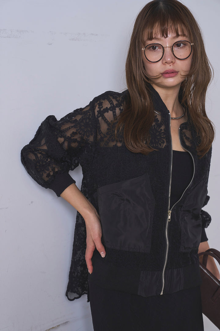 [SET]ノーカラーレースブルゾン+リネンブレンドロングナロースカート(2set)