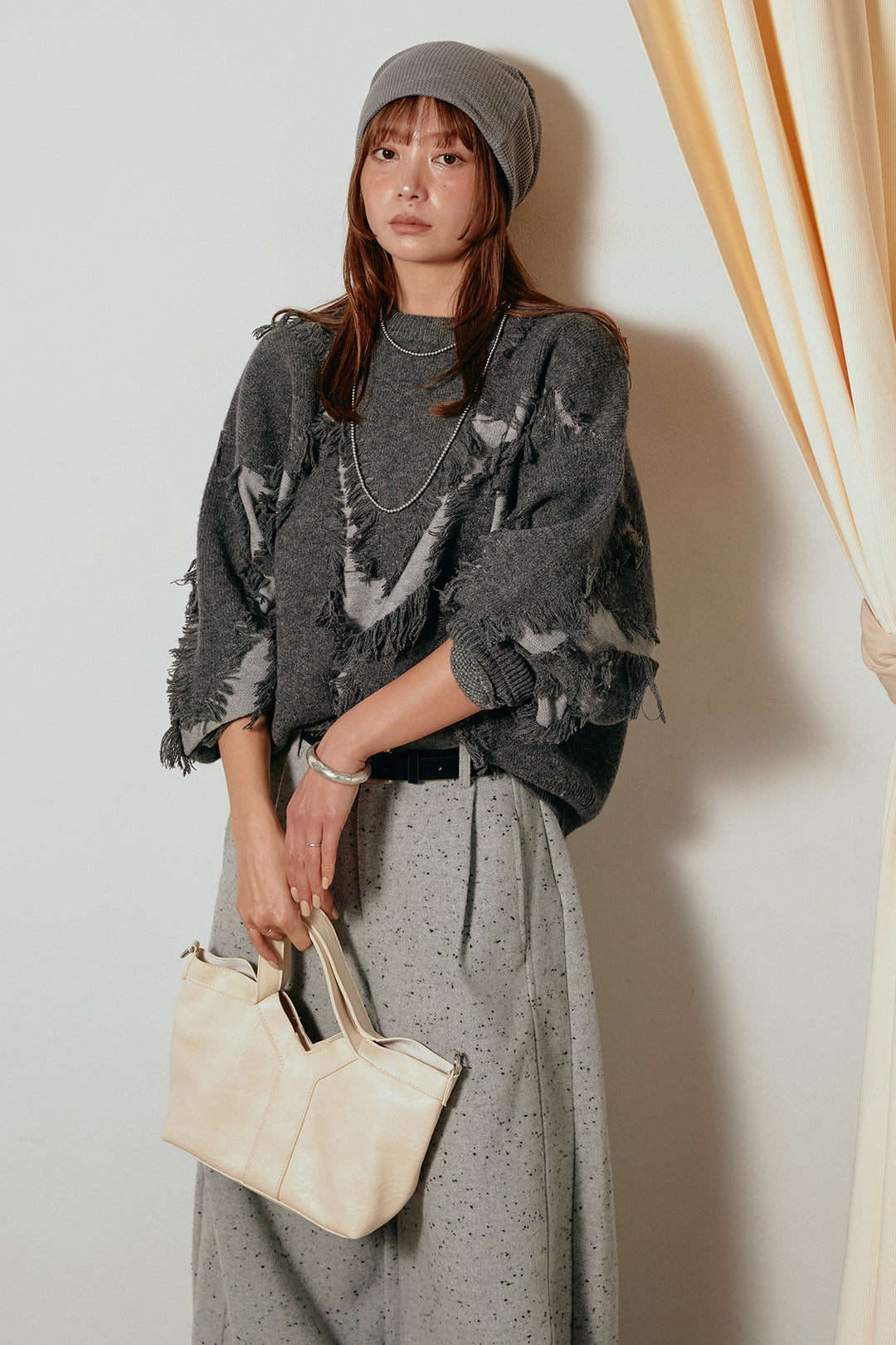 [SET]シャギージャガードニットトップス+ベルト付きネップツイードカーブパンツ(2set)