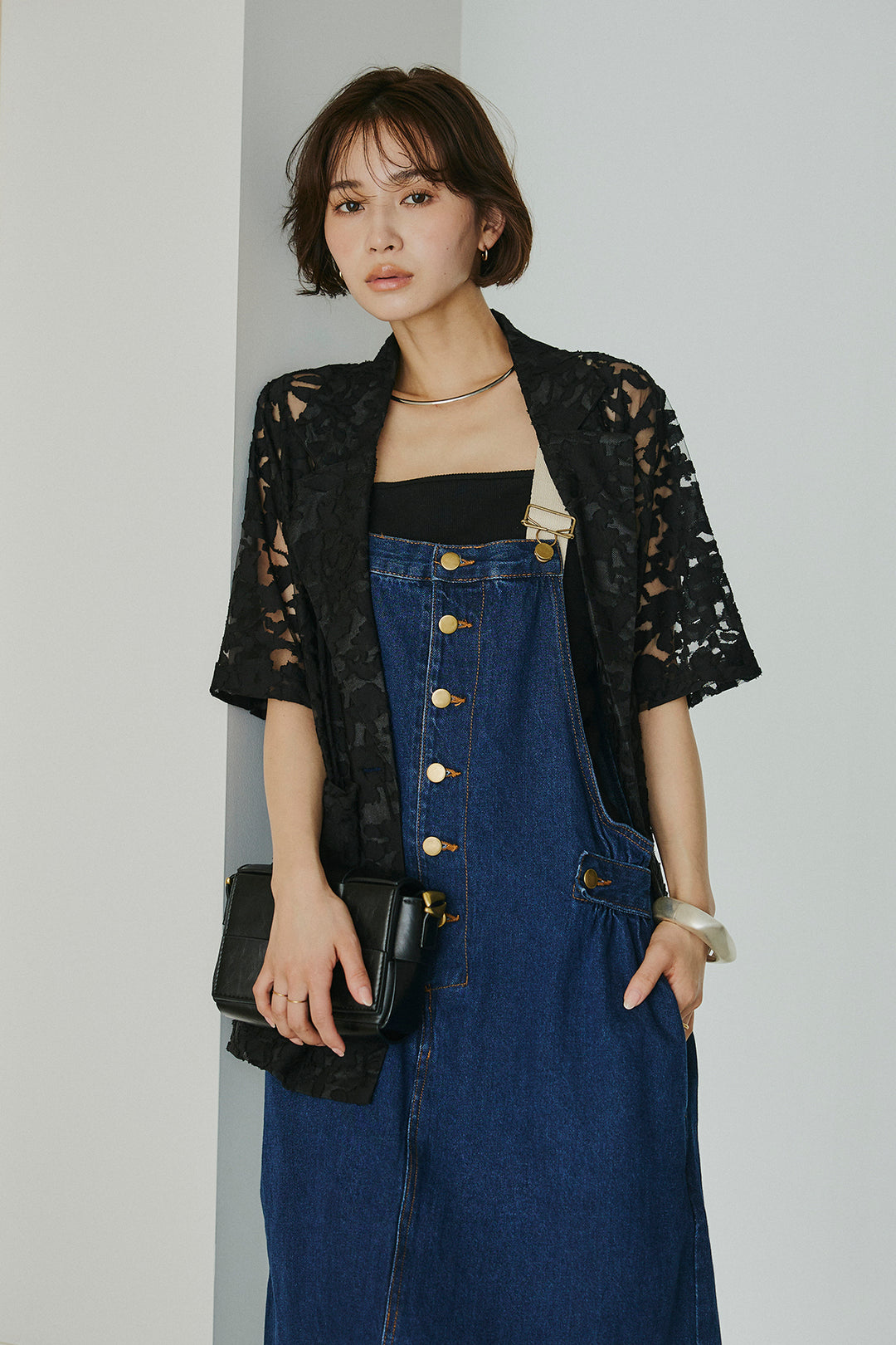 [SET]シアージャガードハーフスリーブテーラードジャケット+配色ショルダーデニムサロペットスカート(2set)