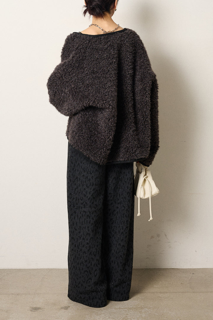 [SET]ノーカラー裏地レオパードボアアウター+レオパードジャガードニットパンツ(2set)