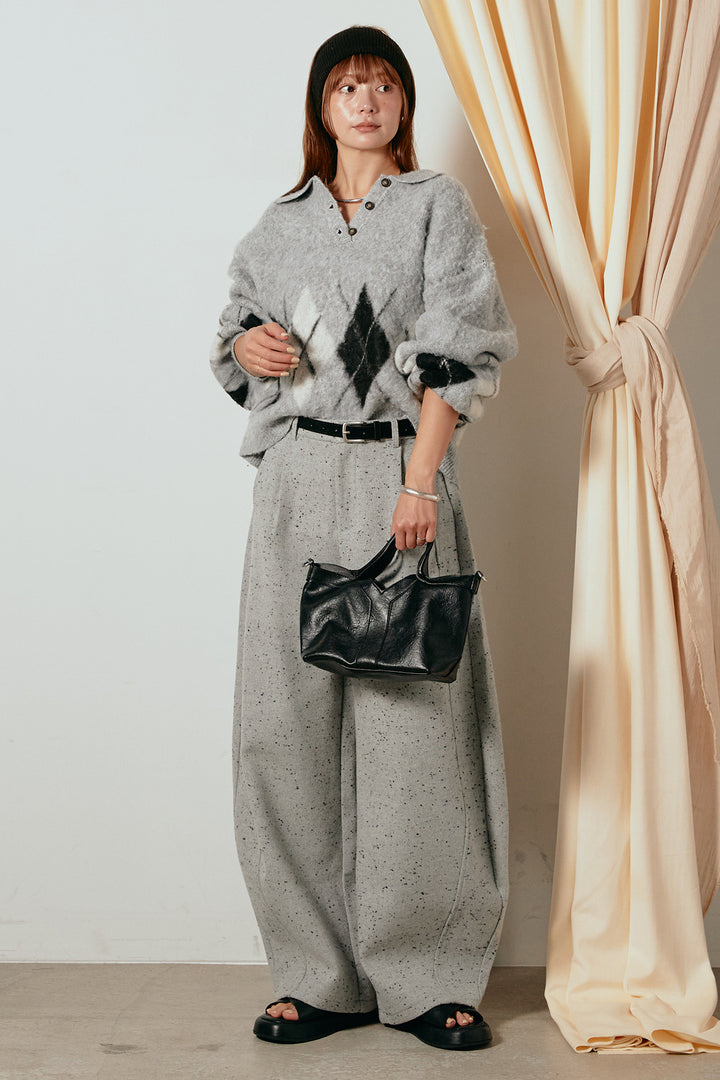 [SET]アーガイル柄ポロニットトップス+ベルト付きネップツイードカーブパンツ(2set)