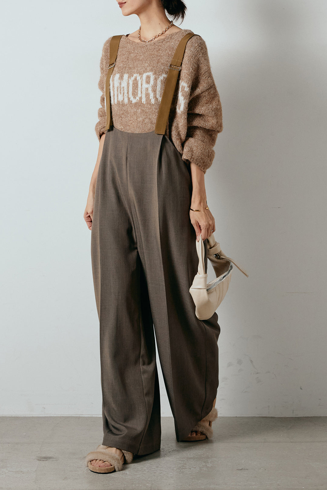 [SET]フロントロゴデザインニットトップス+ワイドツイルサロペット(2set)