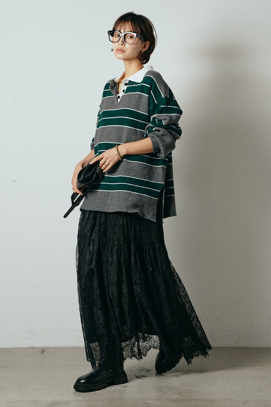 [SET]ラガーニットボーダーポロプルオーバー+ひげレース切替ロング丈スカート(2set)