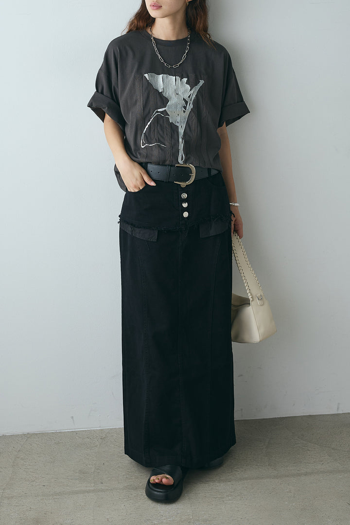 [SET]ニュアンス箔プリントTシャツ+レイヤードデザインワイドスカート(2set)