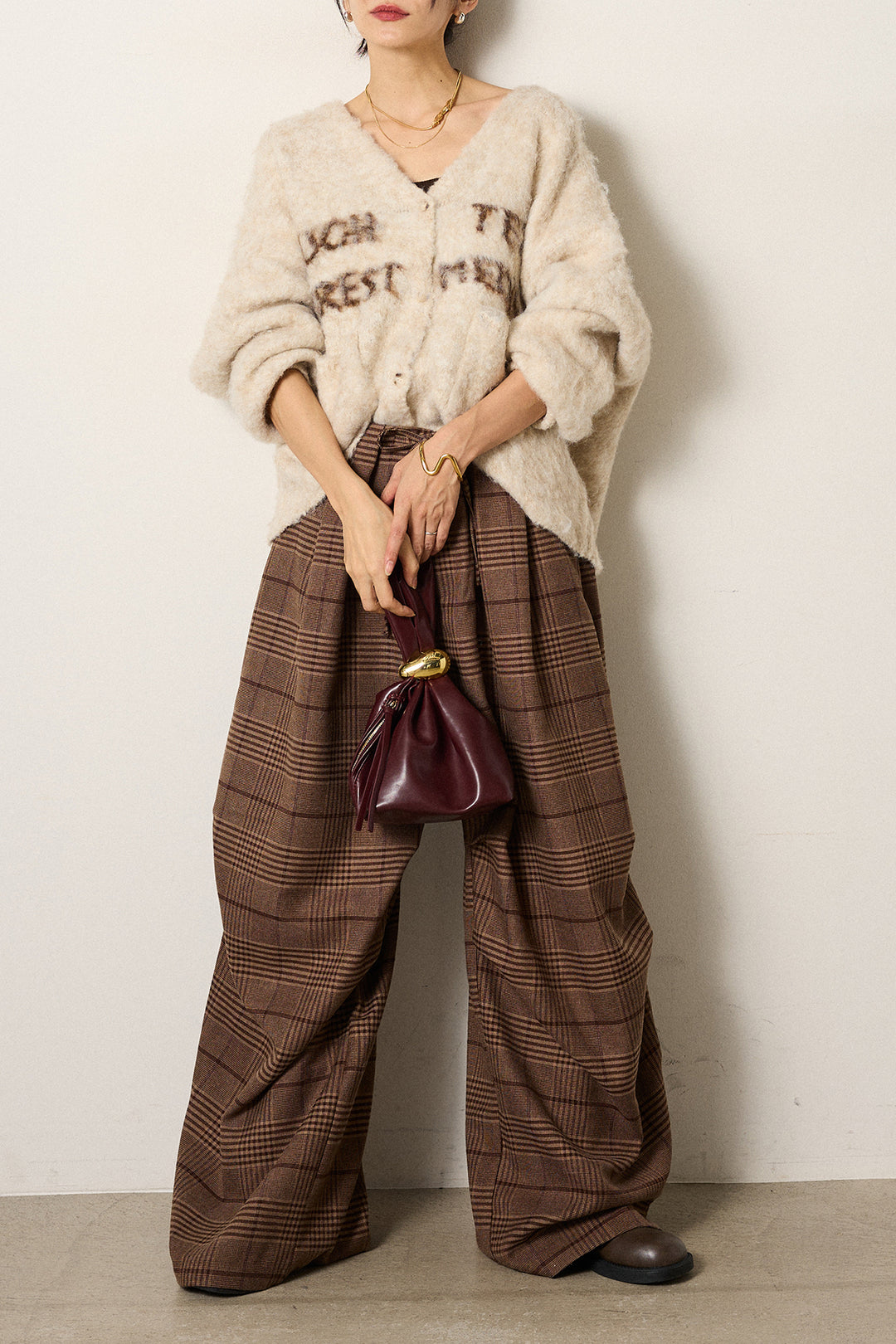 [SET]ウール混透かしロゴニットカーディガン+グレンチェックルーズタックパンツ(2set)