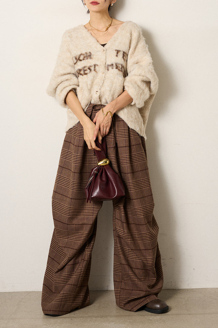 [SET]ウール混透かしロゴニットカーディガン+グレンチェックルーズタックパンツ(2set)