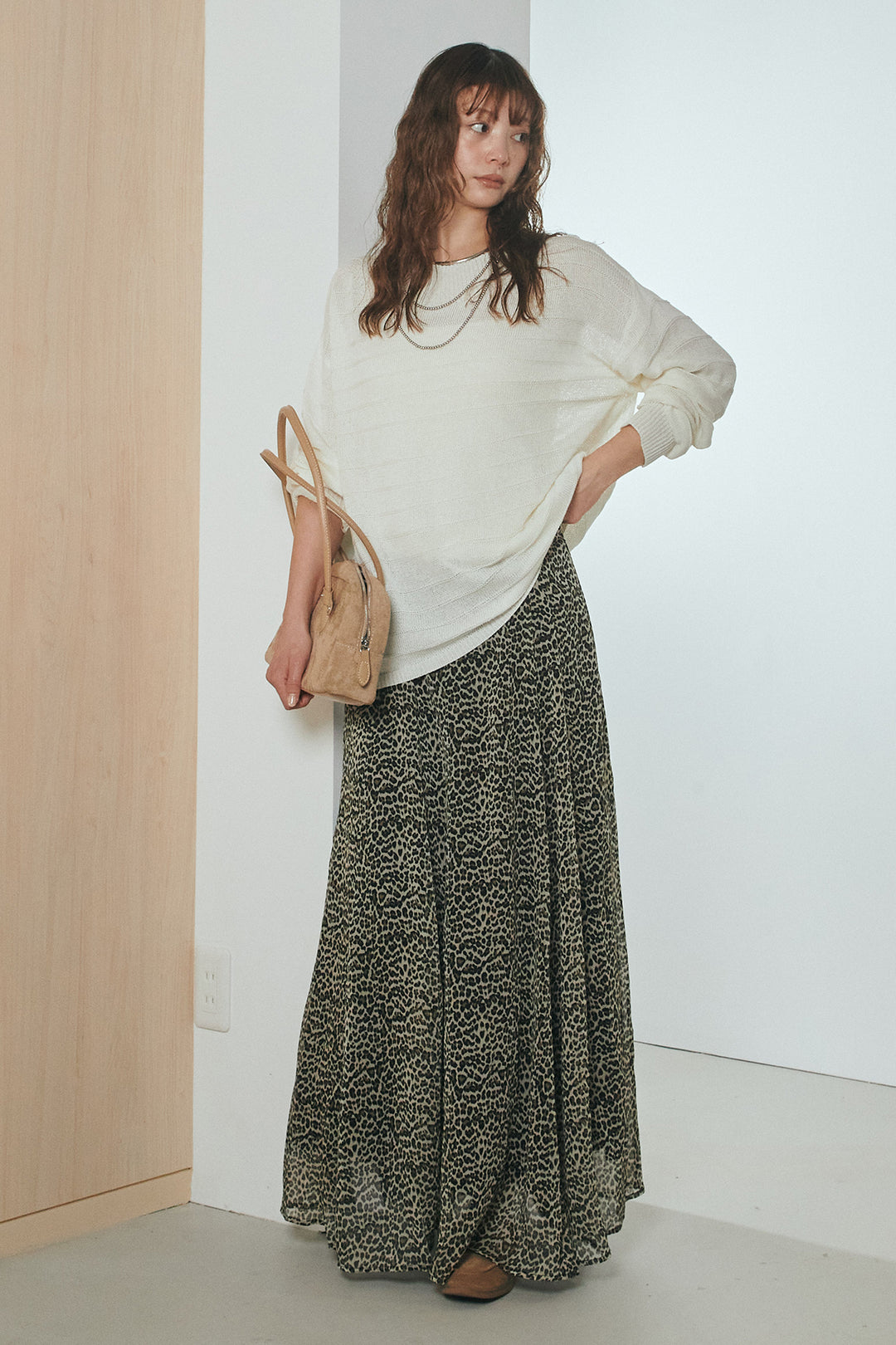 [SET]麻混リラックスニットトップス+リラックスレオパードロングスカート(2set)