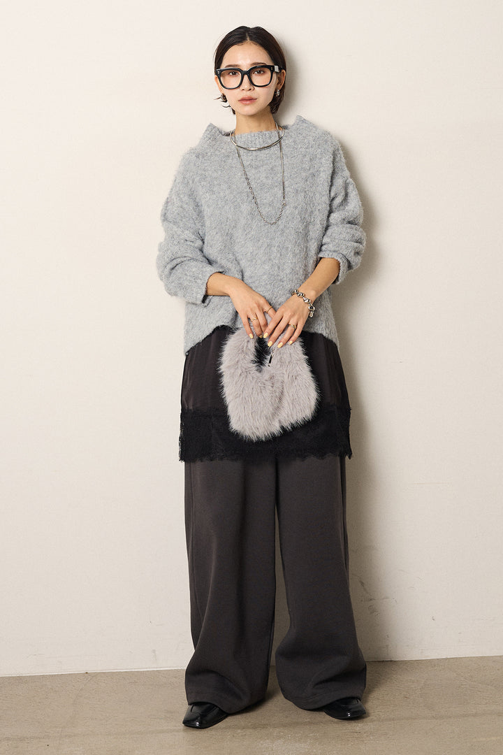 [SET]アルパカタッチオフショルニット+裏起毛スウェットワイドパンツ(2set)