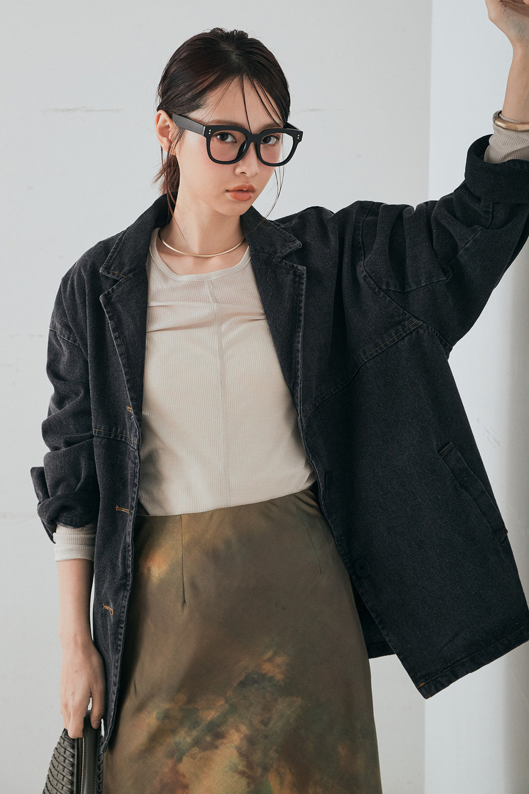 [SET]オーバーデニムジャケット+ニュアンス柄サテンスカート(2set)