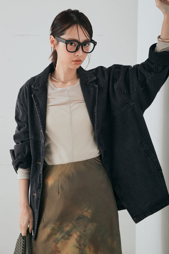 [SET]オーバーデニムジャケット+ニュアンス柄サテンスカート(2set)