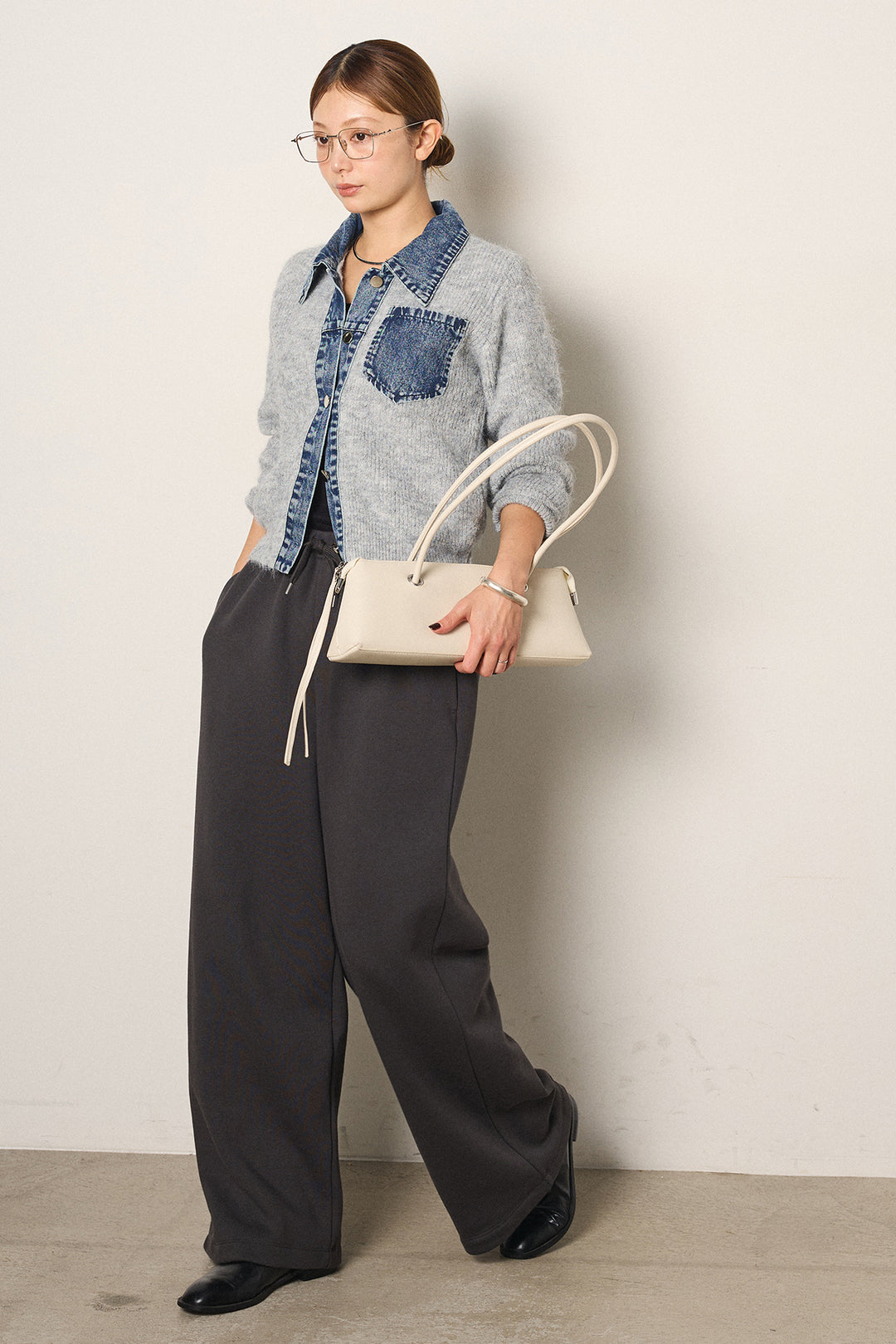 [SET]襟付きデニム切替ニットカーディガン+裏起毛スウェットワイドパンツ(2set)