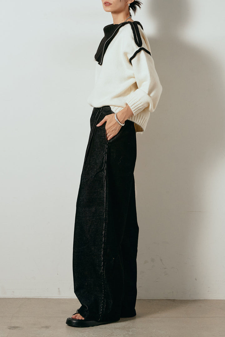 [SET]ハイネックジップデザインニットトップス+フロントタック入りコーデュロイパンツ(2set)