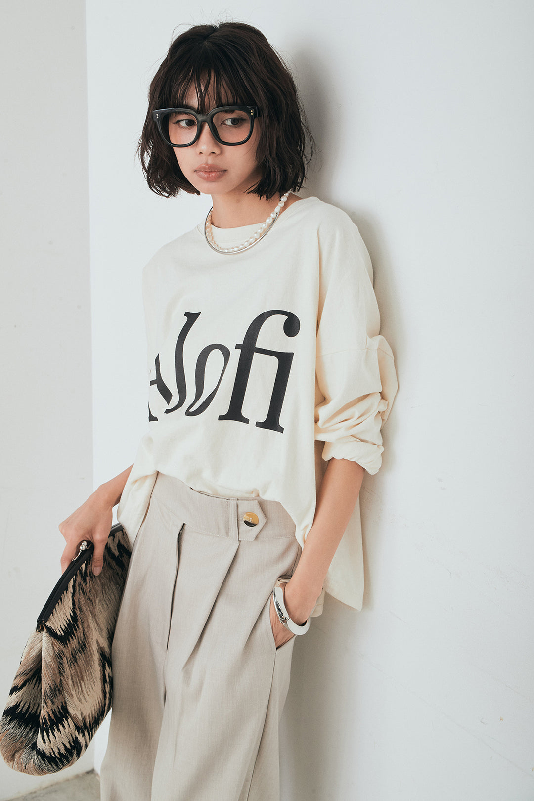 [SET]裾センタードロストロゴプリントワイドTシャツ+センタープレスセミワイドパンツ(2set)