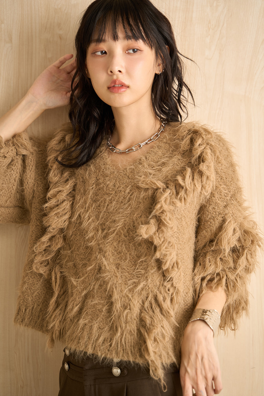 [SET]ランダムロングシャギーVネックニット+ナポレオンボタンデザインワイドパンツ(2set)