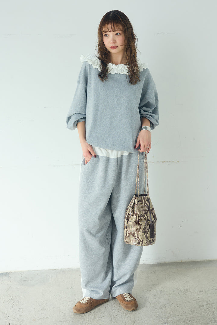 [SET]ネックギャザーフリルスウェット+異素材切り替えスウェットパンツ(2set)
