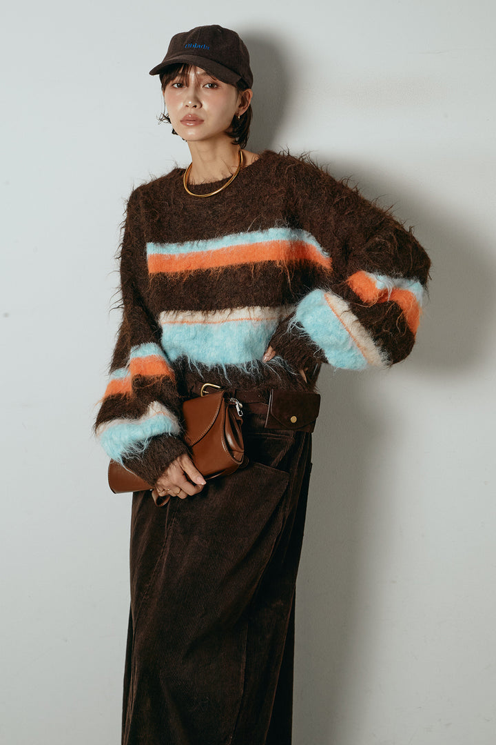 [SET]起毛配色マルチボーダーニットトップス+ポーチベルト付きコーデュロイワイドスカート(2set)