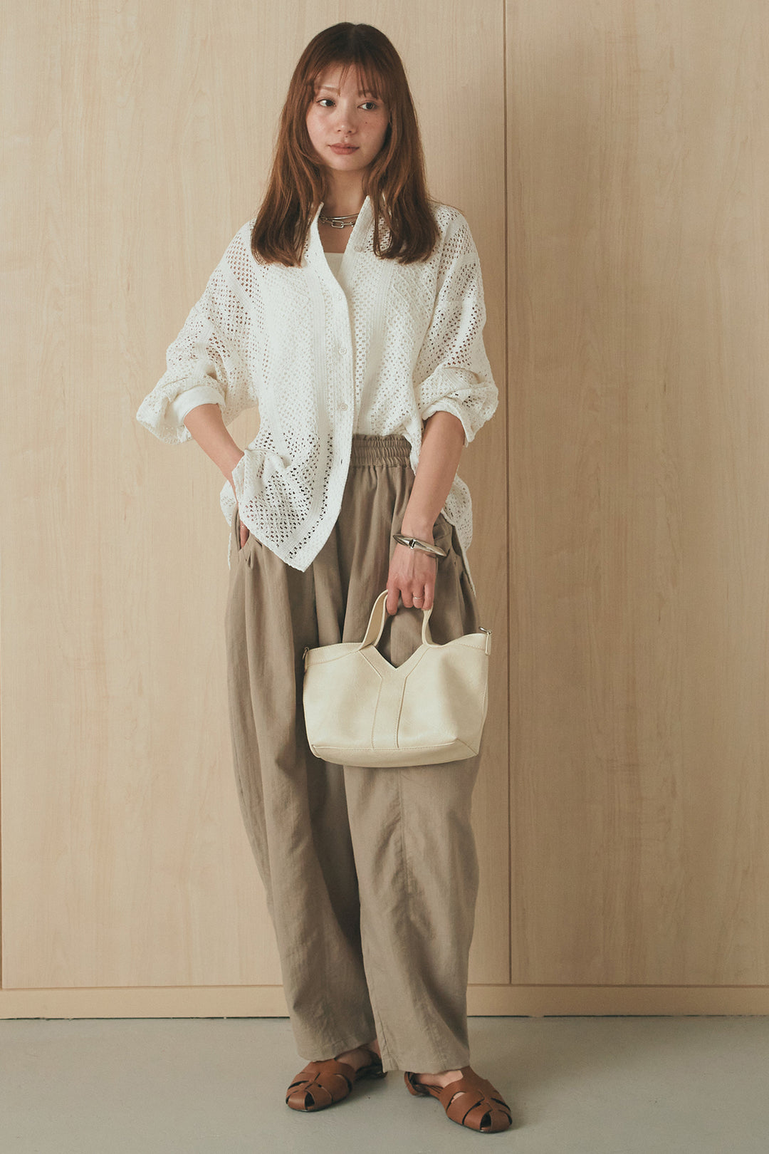 [SET]長袖襟付きレースシャツ+ポケットタックフォルムパンツ(2set)