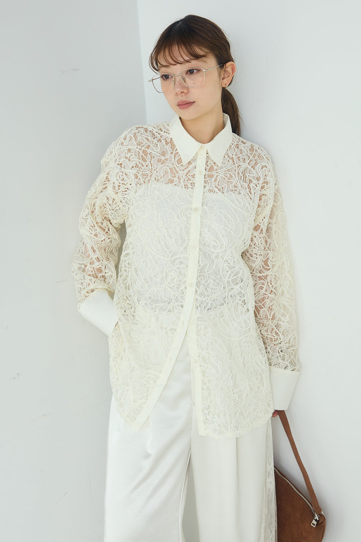 [SET]刺繍レースオーバーサイズシャツ+サテンレース切り替えタックパンツ(2set)